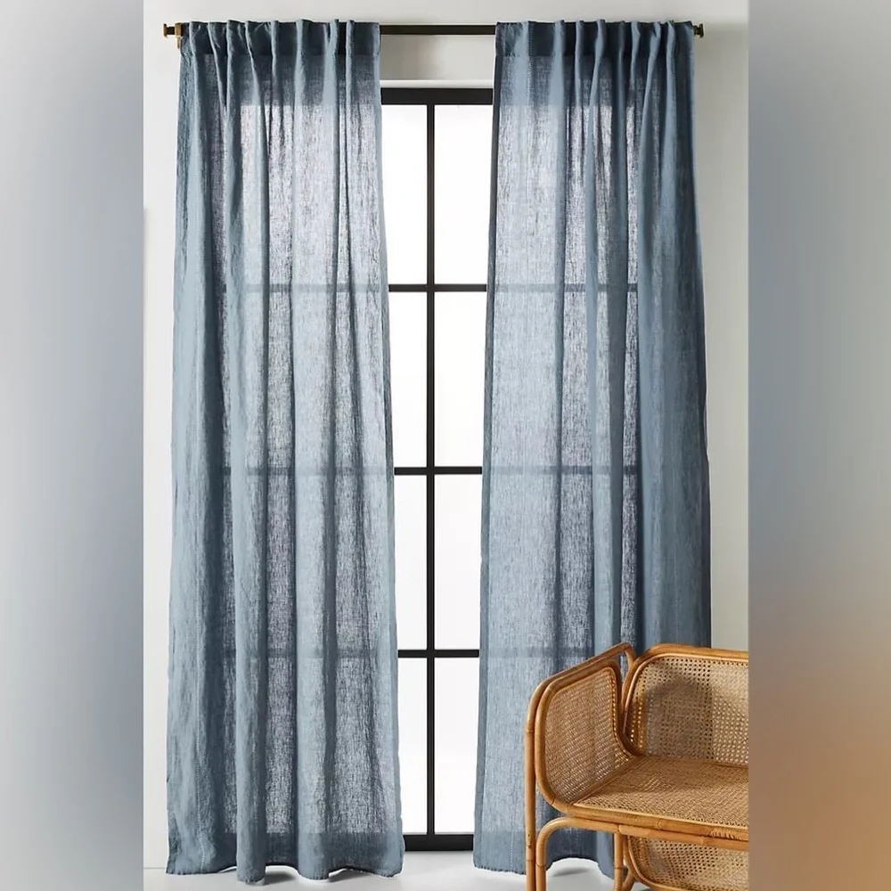 Anthropologie Stitched Linen Curtain Blue 50 x 96” Single panel